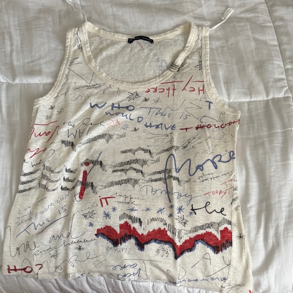 Zara Cream Graphic Scoop Neck Tank with Red & Blue Accents